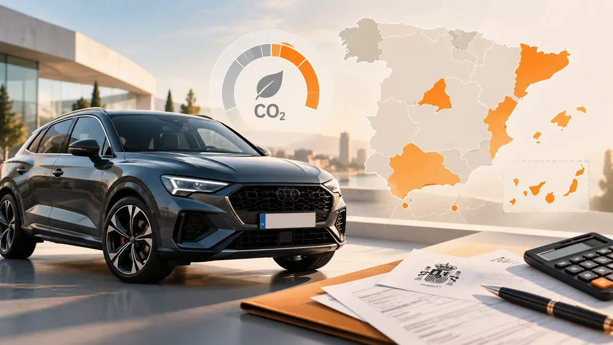 Coche con un indicador de emisiones de CO₂ y un mapa de España con sus comunidades