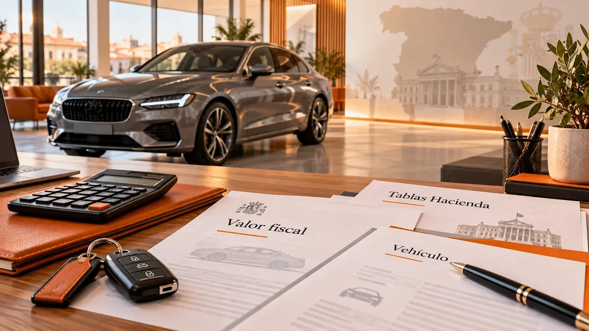 Coche en un concesionario junto a documentos de valor fiscal y tablas de Hacienda