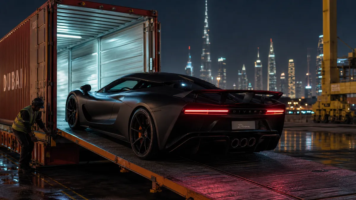 Coche de lujo siendo preparado para exportar desde Dubai a España en contenedor marítimo