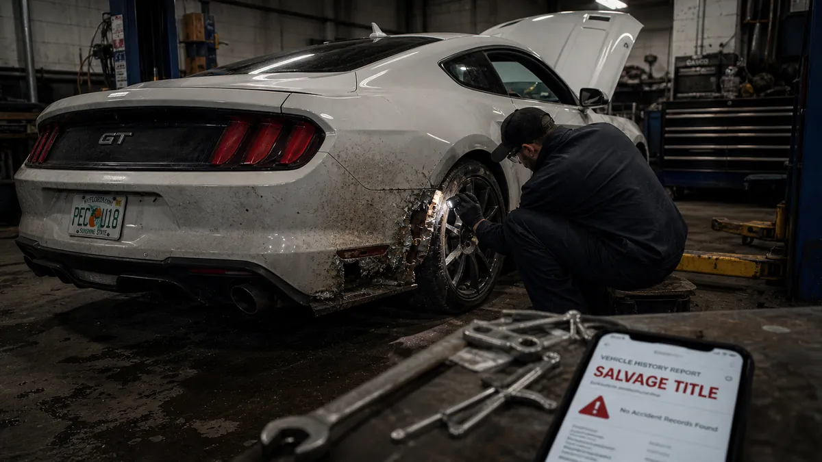 Coche americano siniestrado siendo reparado